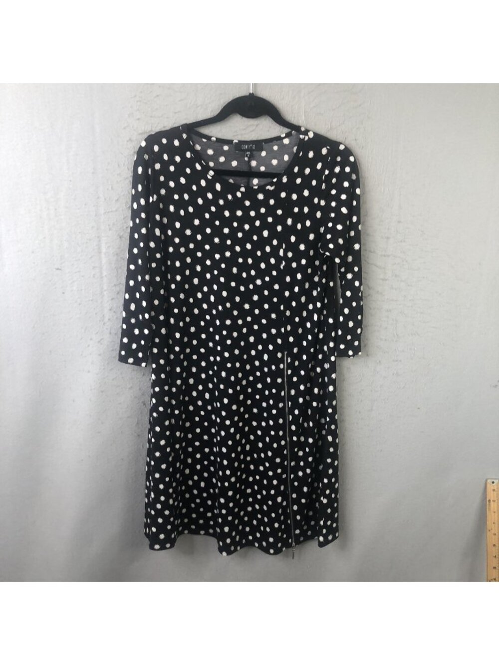 Comfy USA Dress Womens S Black Polka Dot Trapeze Swing 3/4 Sleeve Knee Length